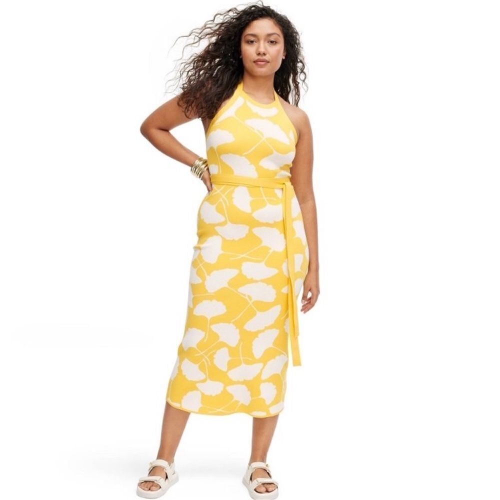 DVF x Target XL Yellow White Floral Halter Top Ginkgo Sweaterknit Midi Dress